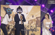 a man in a suit stands next to a woman in a wedding dress and says i 'll count to 3