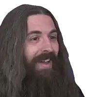 a man with long hair and a beard smiles at the camera