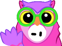 a pink and purple owl wearing green glasses waving