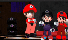 three cartoon characters wearing hats with the letter b on them are standing next to each other