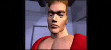 a man in a red shirt is standing in a room .