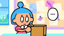a cartoon of a girl holding a box with a wow speech bubble