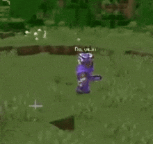 a purple robot is standing in the grass holding a sword .
