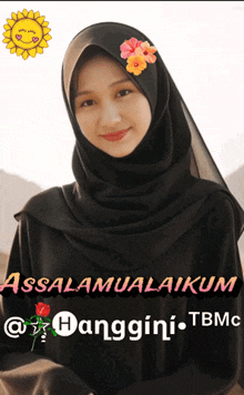 a woman wearing a black hijab with flowers on her head