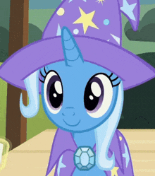 a blue pony wearing a purple hat and a necklace