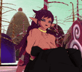 a cartoon drawing of a woman with purple hair and a necklace