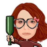 a cartoon woman wearing heart shaped glasses holds a green bottle