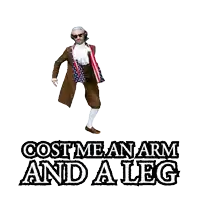 a man in a costume with the words cost mean arm and a leg on the bottom