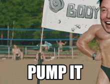 a man is running in front of a sign that says " body pump it "