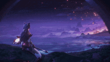 a woman holding a sword is looking out over a body of water