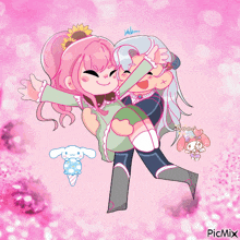 a drawing of a girl carrying another girl with the words good luck on the bottom right