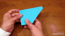 a person is holding a blue piece of paper that is made in animatica