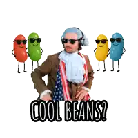 a man in a patriotic costume is surrounded by jelly beans with the words cool beans below him