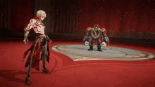 a man and a robot are standing on a red floor .