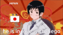 a picture of a man with the words he is in love with diego on the bottom