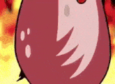 a close up of a cartoon character 's face with flames in the background