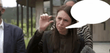 a woman with a speech bubble behind her that says 1