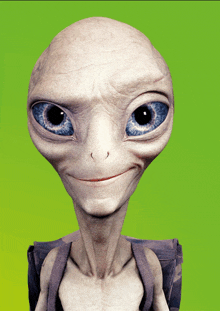 a smiling alien with blue eyes and a backpack