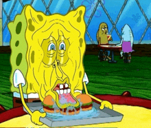 a cartoon of spongebob eating a hamburger with his mouth open .