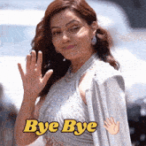 a woman waving her hand with the words bye bye written above her