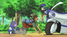 a cartoon of a man kneeling down next to a motorcycle with a woman standing next to it
