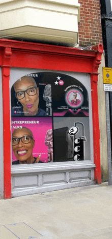 a window with a picture of a woman and the words entrepreneur talk written on it