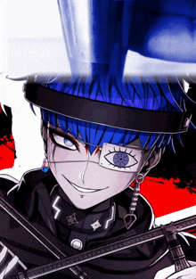 a cartoon character with blue hair and a black hat