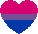 a heart shaped bisexual flag with pink , purple and blue stripes .