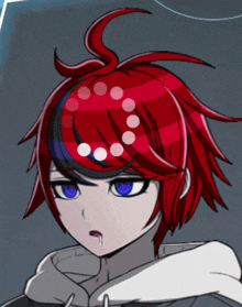 a cartoon character with red hair and blue eyes has a necklace around his head