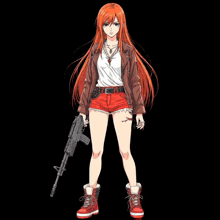 a girl with red hair is holding a gun in her right hand