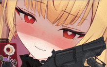 a close up of a girl holding a gun next to a card that says version 3