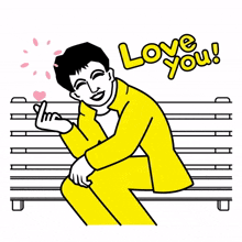 bench man yellow suit heart love you