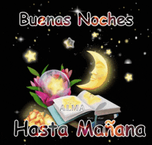 a picture of a crescent moon with the words " buenas noches hasta mañana " on it