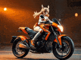 a girl is riding a motorcycle with a yamaha logo on the front