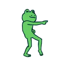 a green frog is dancing and pointing .