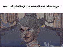 a picture of a woman with a caption that says me calculating the emotional damage