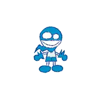 a blue drawing of a person holding a dumbbell in a circle