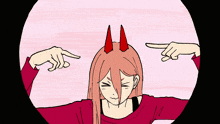 a cartoon of a girl with horns pointing at herself