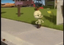 a cartoon character is walking down a sidewalk in a video game .