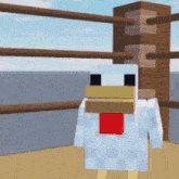 a chicken with a red beak is standing next to a wooden post