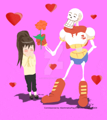 a drawing of a skeleton giving a flower to a girl