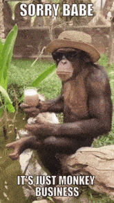 a chimpanzee wearing a hat and sunglasses is holding a glass of milk