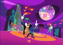 a cartoon drawing of a man holding a gun in a disco room