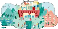 an illustration of a target store surrounded by trees