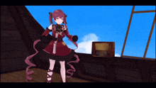 a girl with purple hair is standing in front of a radio