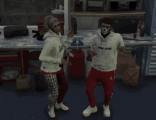 a man and a woman are dancing in a video game and the man is wearing a new york sweatshirt