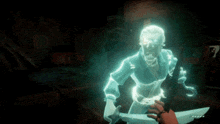 a person is holding a sword in front of a ghostly figure