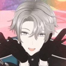 a 3d anime character with gray hair and black gloves is making a face .