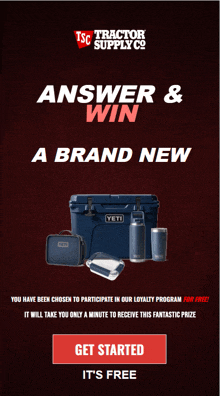 a tractor supply co advertisement asking you to answer and win a brand new yeti