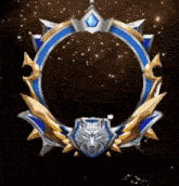 a blue and gold circle with a wolf head on it